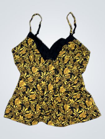 Gelb-schwarzes Camisole mit Blumenmuster und schwarzer Spitzenbesatz