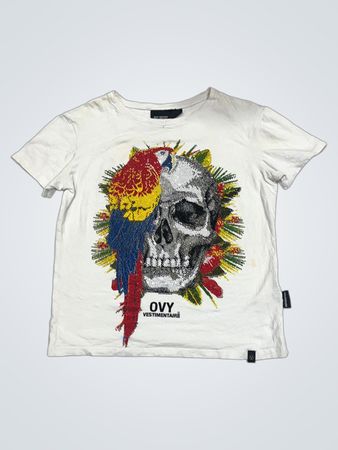 Weißes T-Shirt mit Totenkopf- und Papageienmotiv