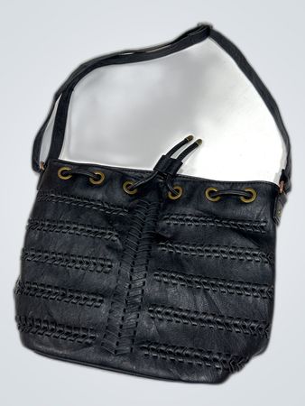 Maraki Black Leather Drawstring Handbag