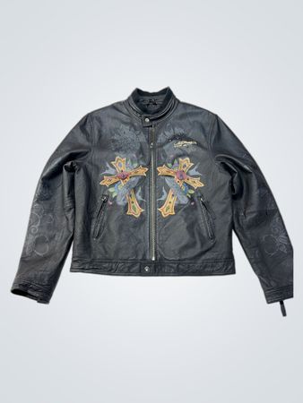 Ed Hardy Leather Jacket with Eagle and Cross Graphics