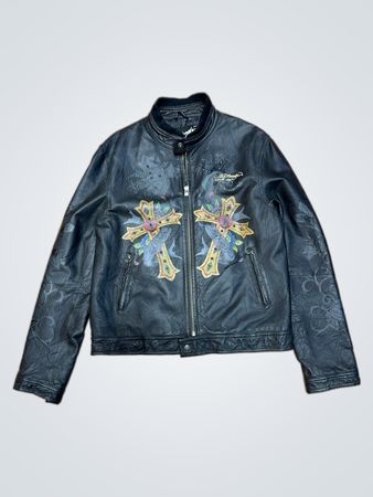 Chaqueta de cuero Ed Hardy con gráfico de águila y cruz