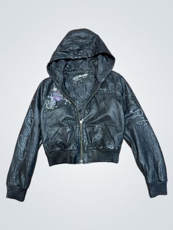 Ed Hardy schwarze Kapuzen-Lederjacke mit Totenkopf-Print