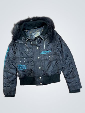 Ed Hardy Women's Bomber Jacket with Fur Hood