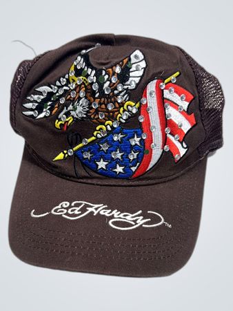 Ed Hardy Brown Embroidered Eagle and Flag Trucker Hat