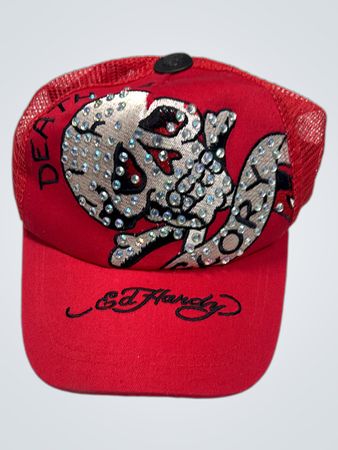Ed Hardy Red Trucker Hat with Skull and Rhinestones