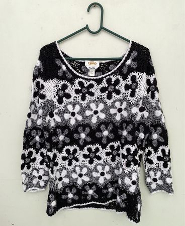 Talbots Hand Knit Black and White Floral Sweater