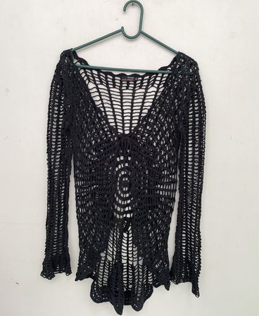 EASY WEAR Black Crochet Long Sleeve Top