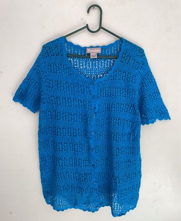 TANJAY Blue Crochet Button Front Short Sleeve Top