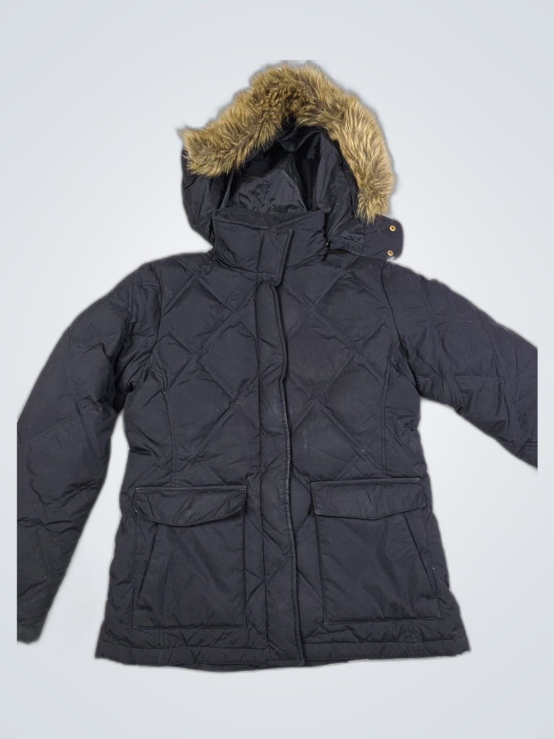 Jaqueta Puffer Preta Lands' End com Capuz de Pele
