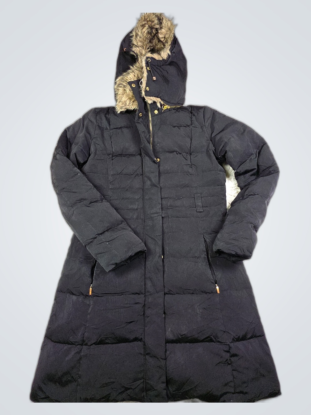 MANGO Long Black Puffer Coat with Fur Hood