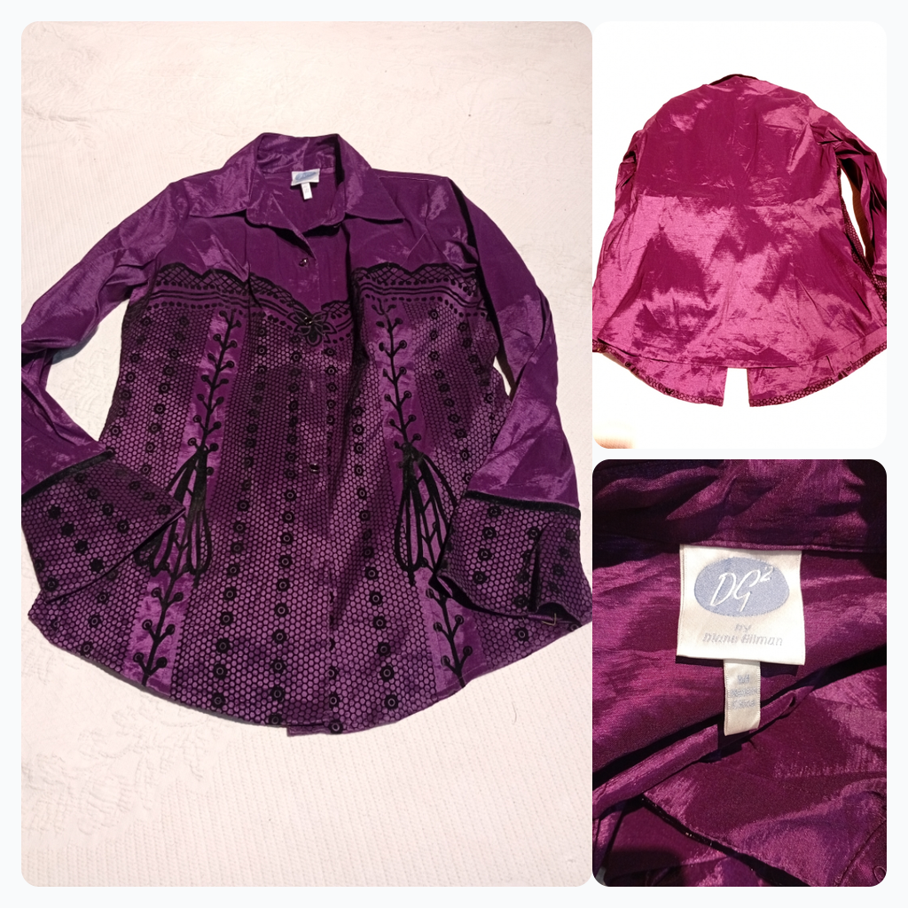 Purple Satin Button-Up Shirt with Lace Detail