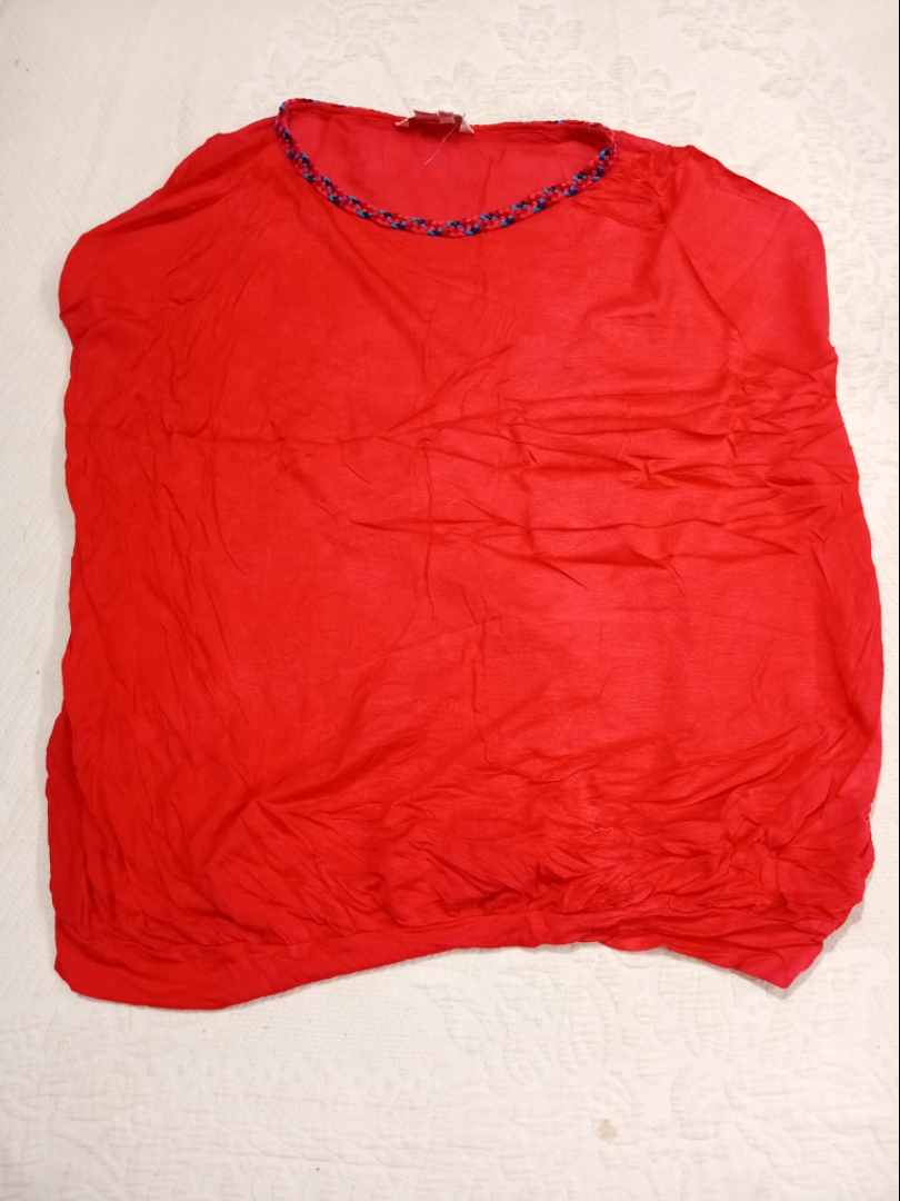 Red Blouse with Braided Neckline