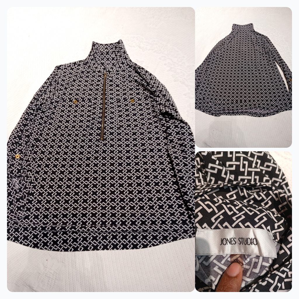 Jones Studio Black and White Patterned 1/4 Zip Lon..