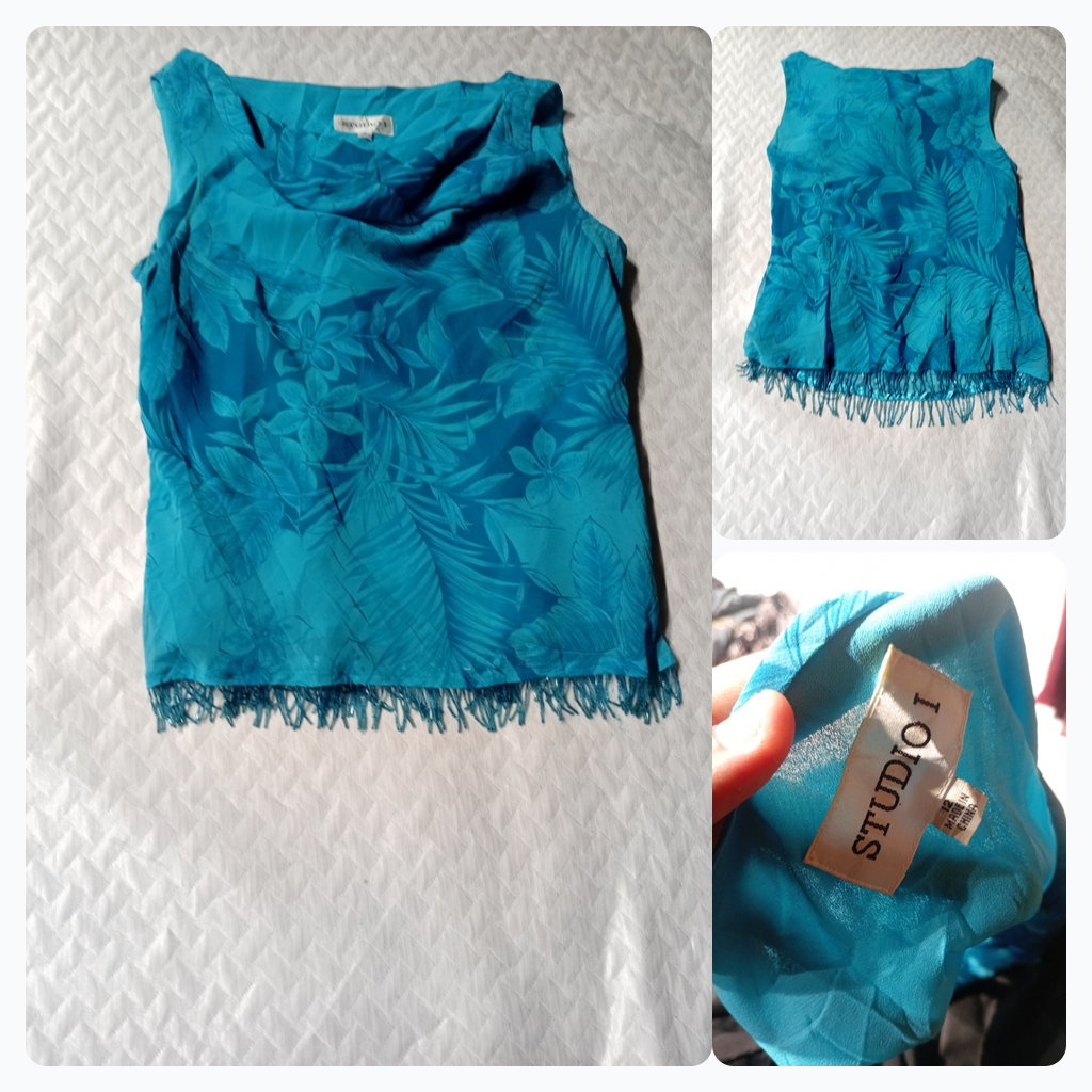Blue Floral Sleeveless Top with Beaded Fringe