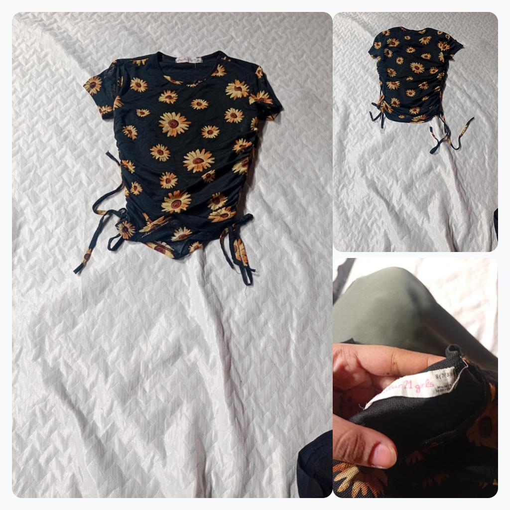 Forever 21 Girls Black Sunflower Print Ruched T-sh..