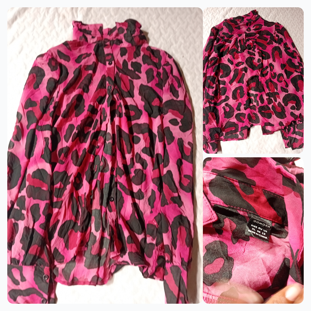 Pink and Black Animal Print Button-Up Shirt