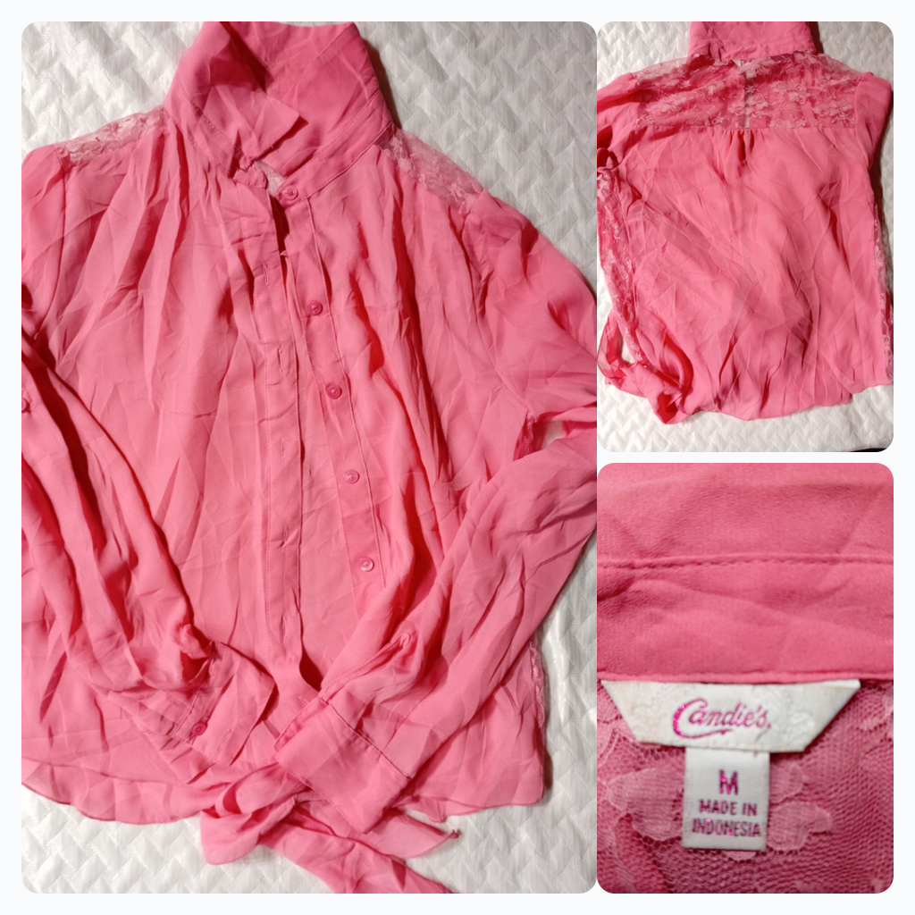 Pink Button-Up Blouse with Lace Detail