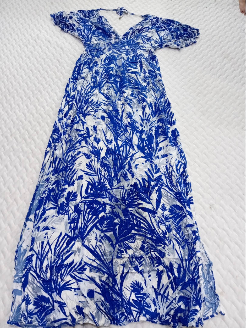 Blue and White Floral Print Maxi Dress