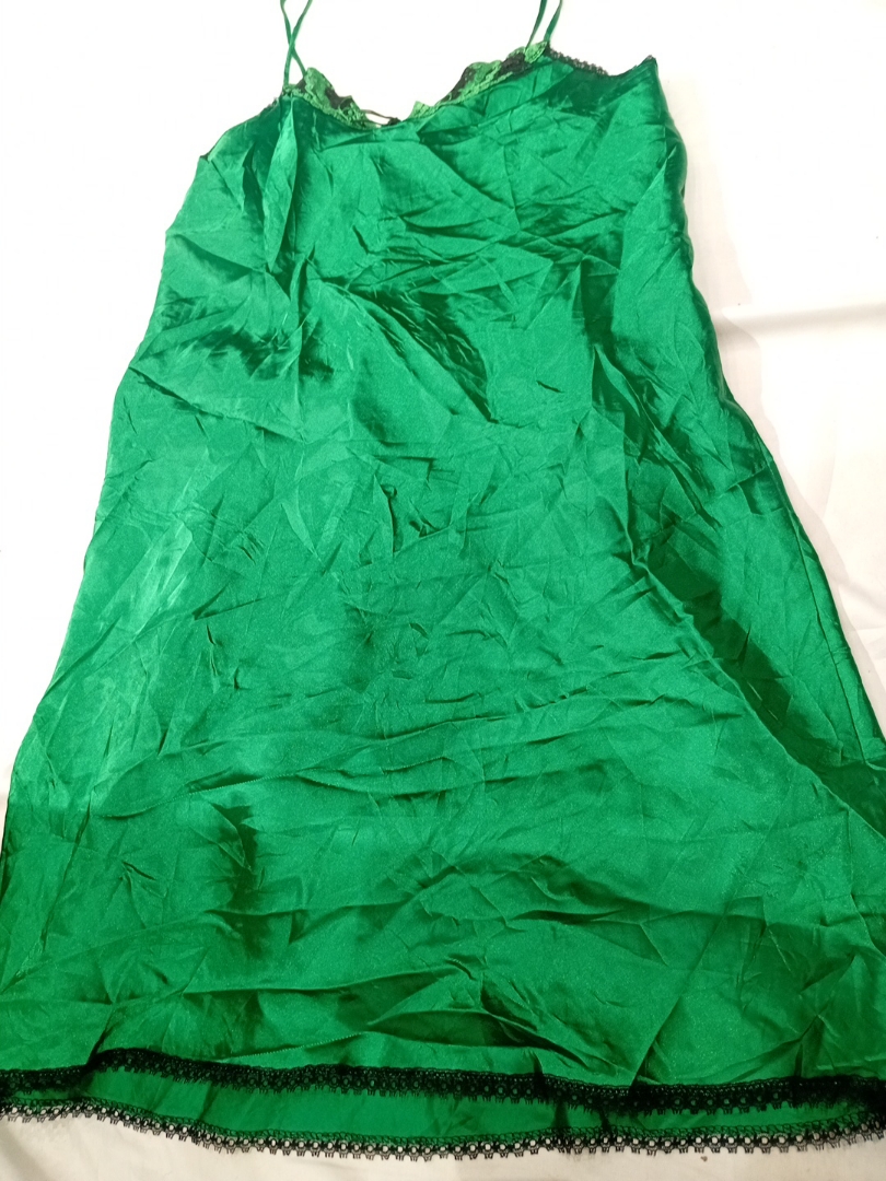 Green Satin Cami Slip Dress with Lace Trim