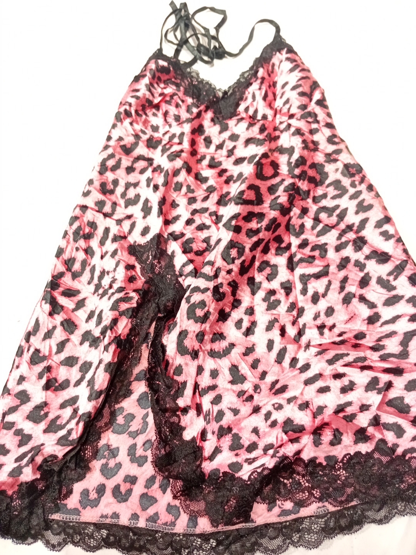 Pink Leopard Print Lace Trim Cami Slip Dress