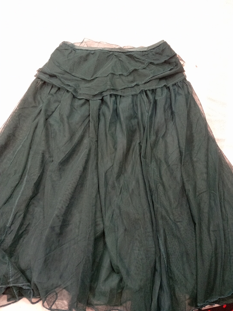 Green Tulle Midi Skirt with Ruffle Waistband