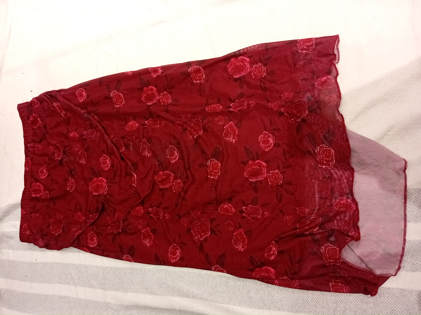 Red Floral Mesh Midi Skirt