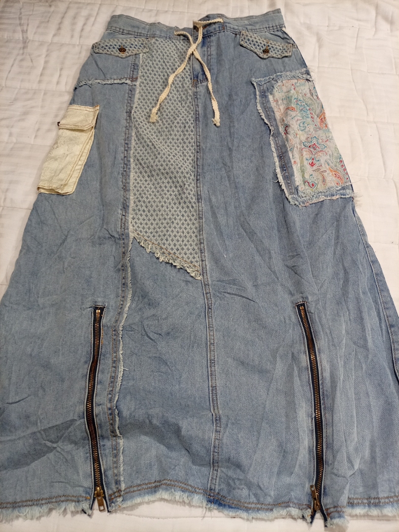 POL Denim Maxi Skirt with Patchwork and Zippers