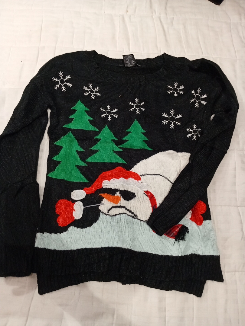 Black Christmas Sweater with Snowman and Trees