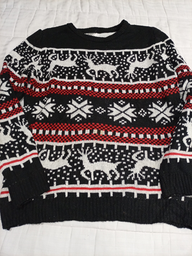 Black, White, and Red Reindeer Knit Sweater