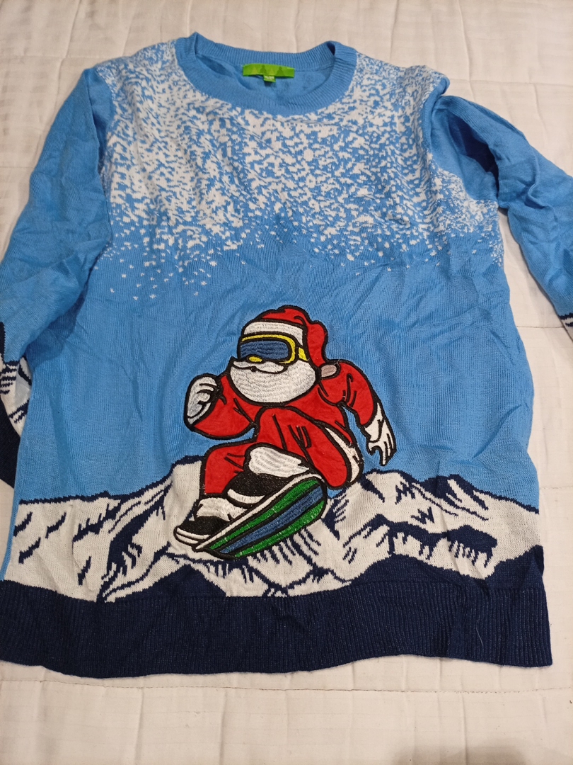 Blue Santa Snowboarder Knit Sweater