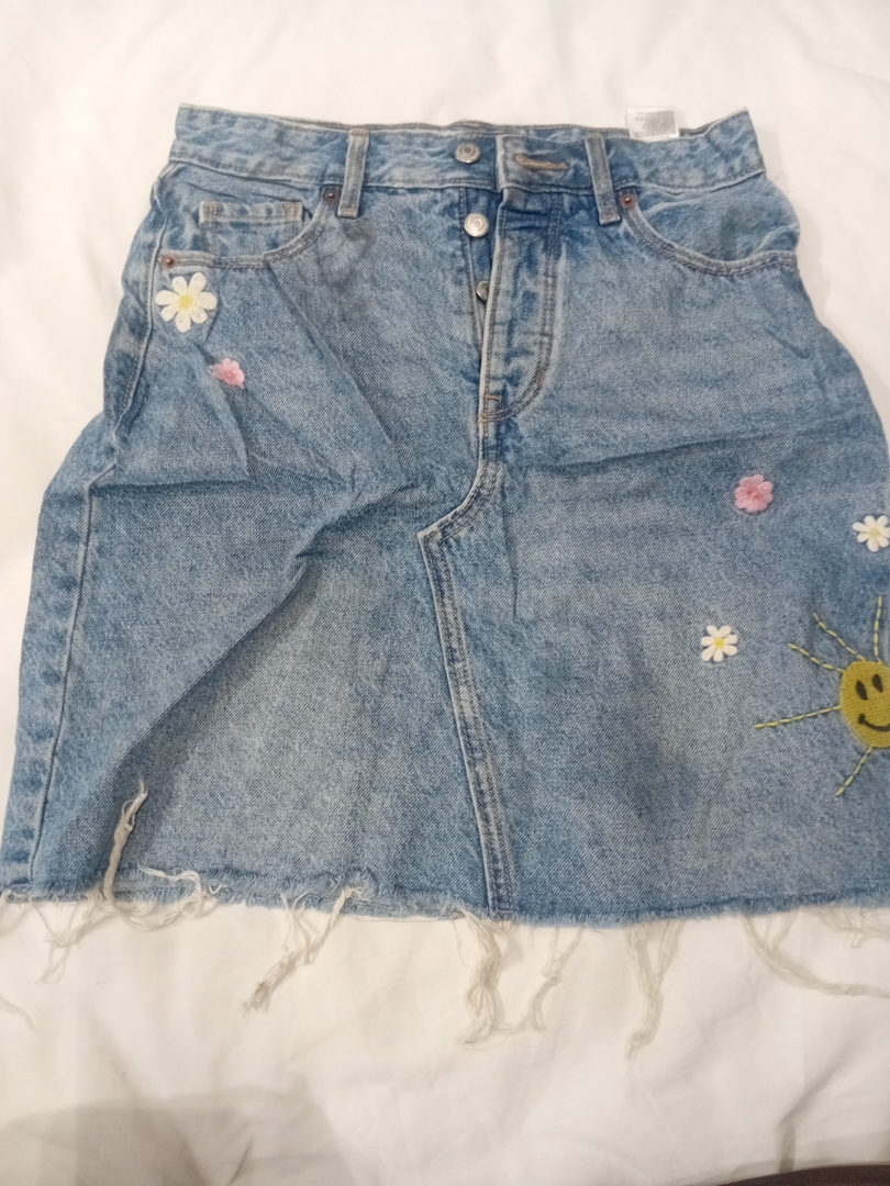 Denim Skirt with Floral and Smiley Face Embroidery
