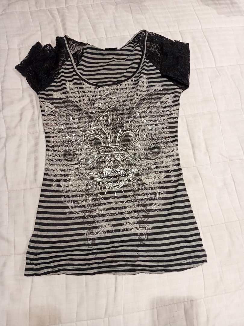 Black and White Striped Top with Lace Sleeves