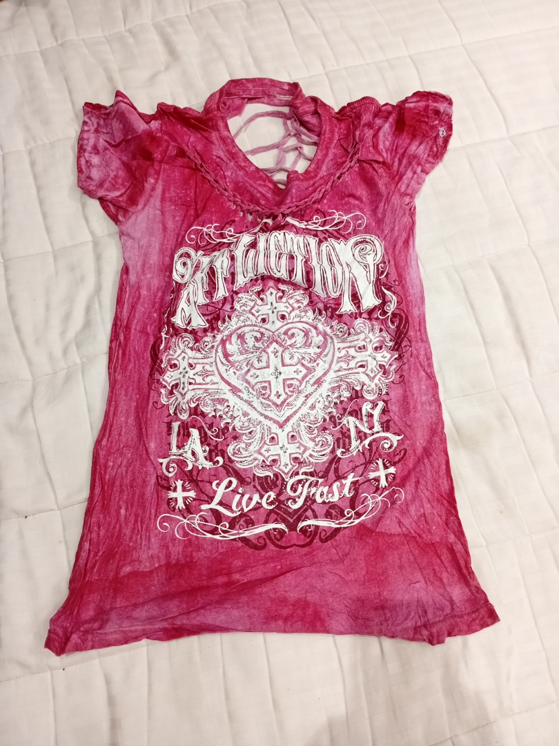 Pink Distressed T-Shirt with Lace-Up Back
