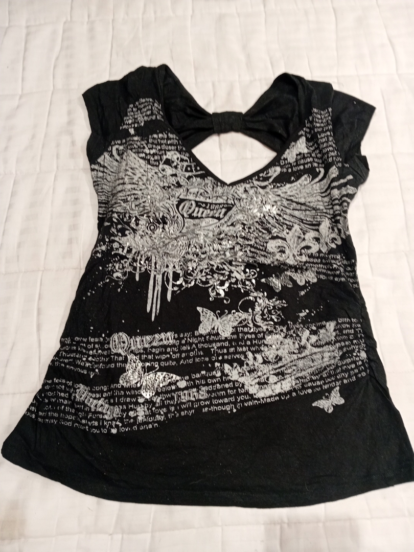 Black Graphic Top with Cut-Out Detail