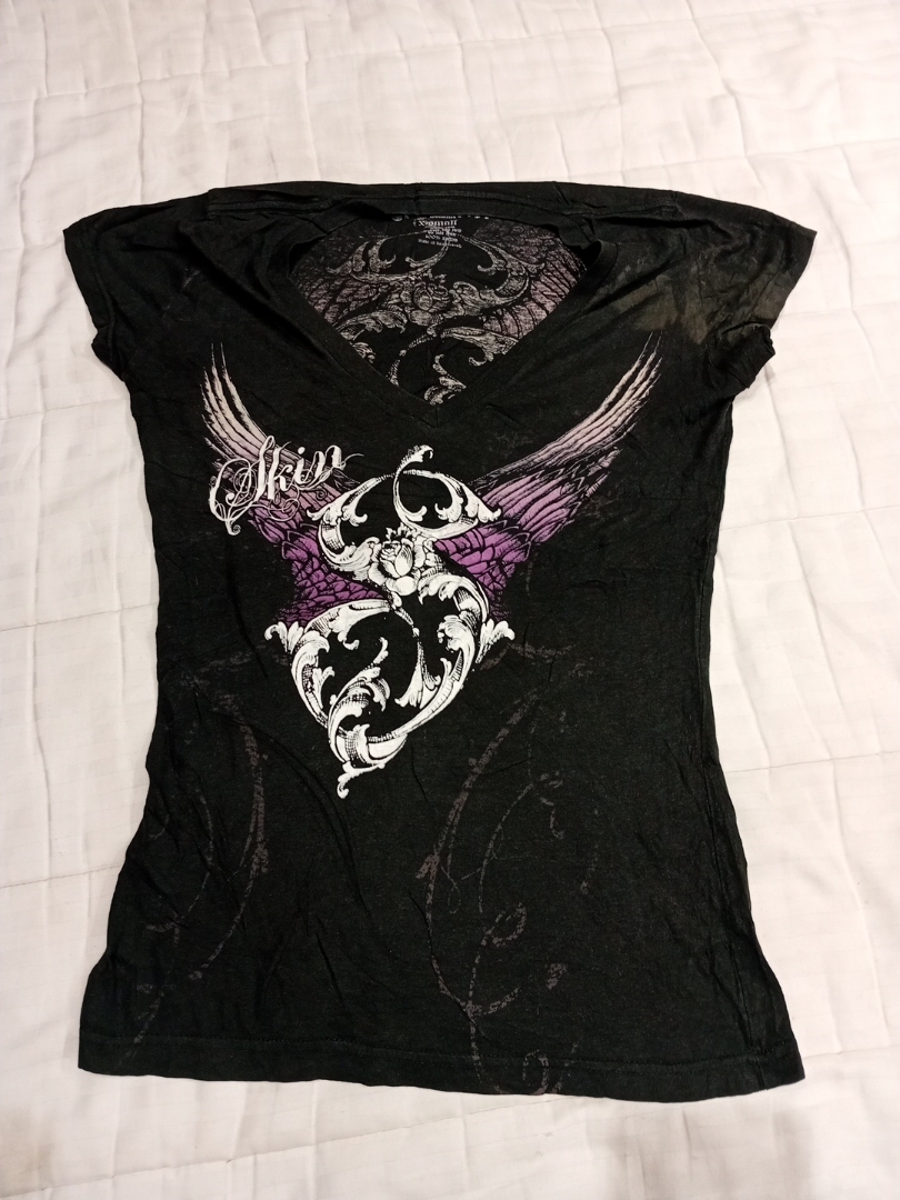 Black Graphic T-Shirt with Winged Heart Design