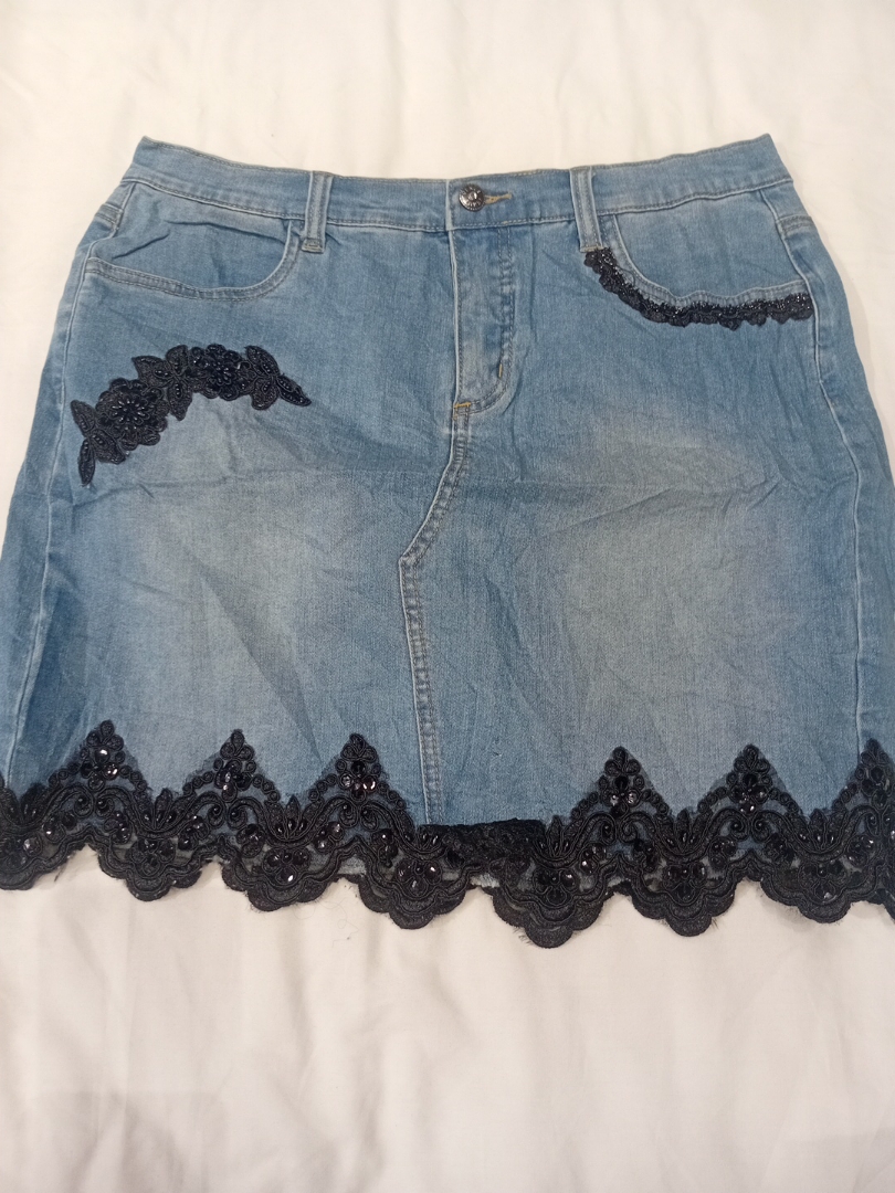 Denim Skirt with Lace Trim
