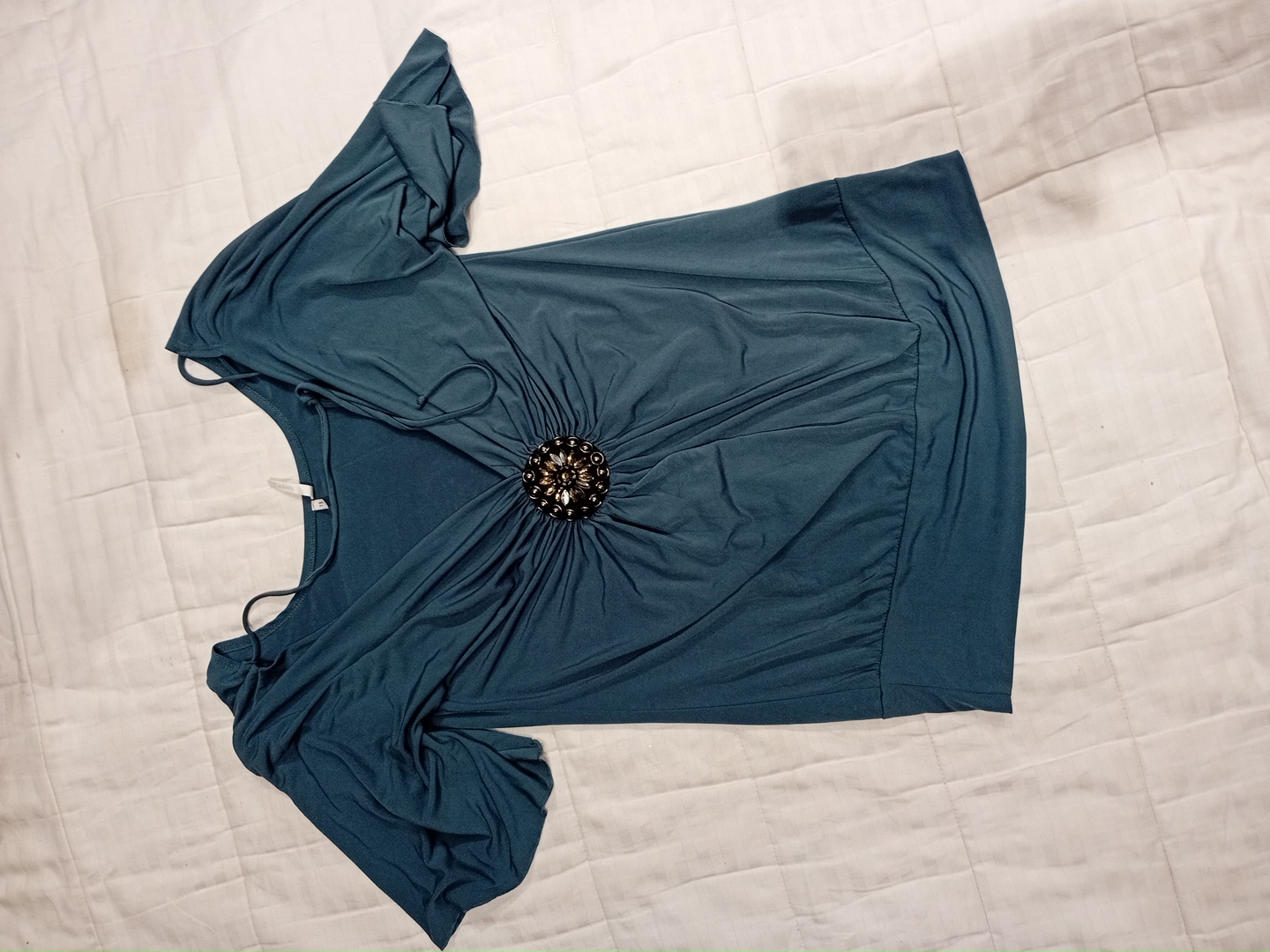 Teal Blue Blouse with Decorative Brooch