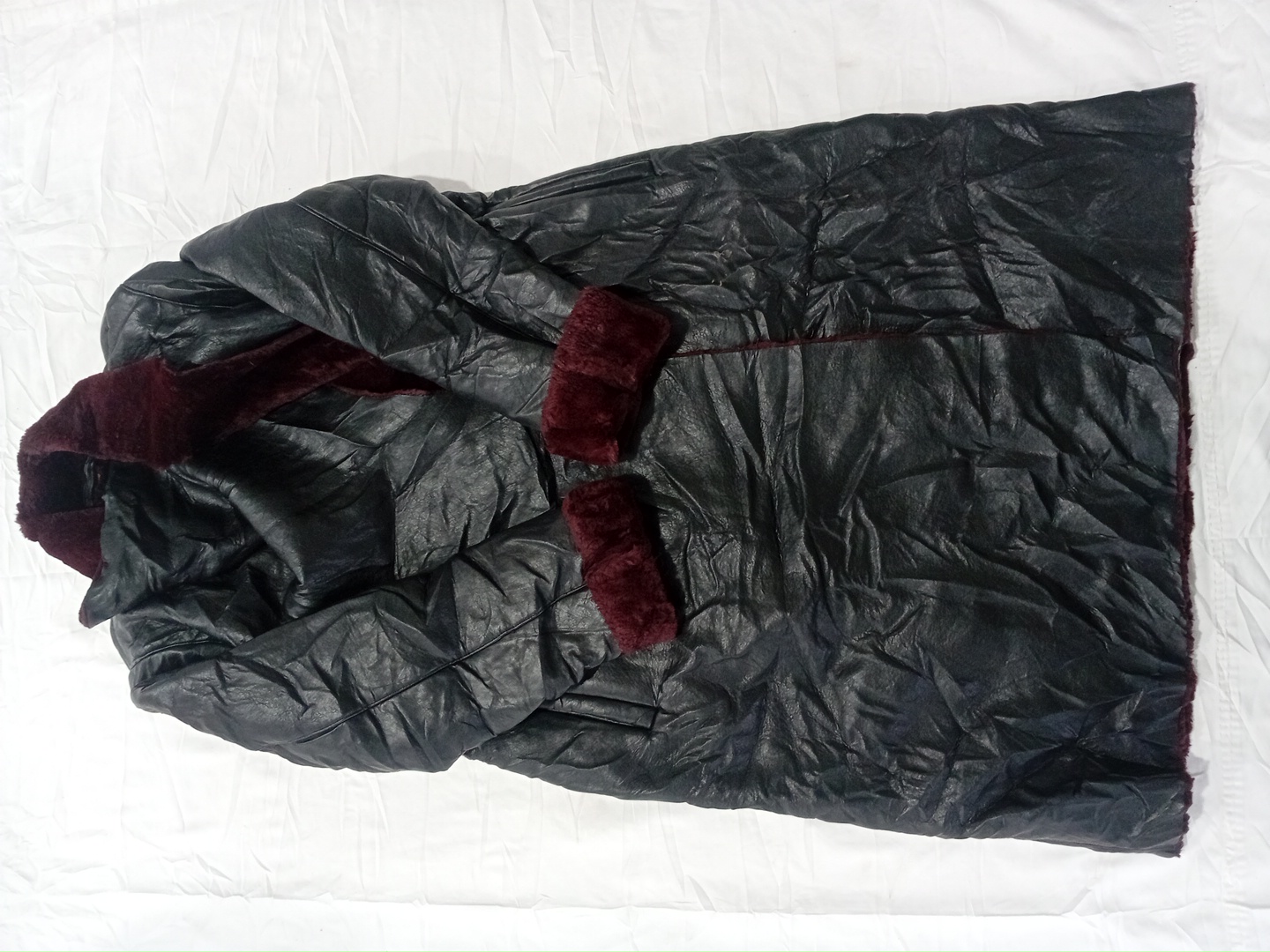 Long Black Leather Coat with Maroon Fur Lining