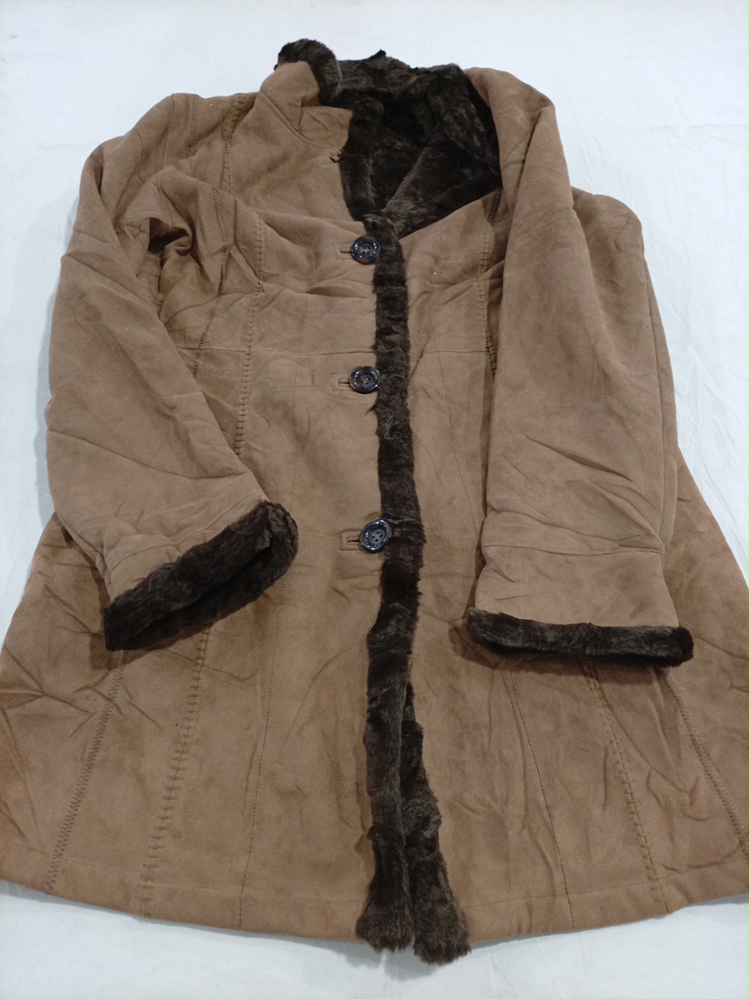 Brown Suede-Effect Coat with Fur Trim