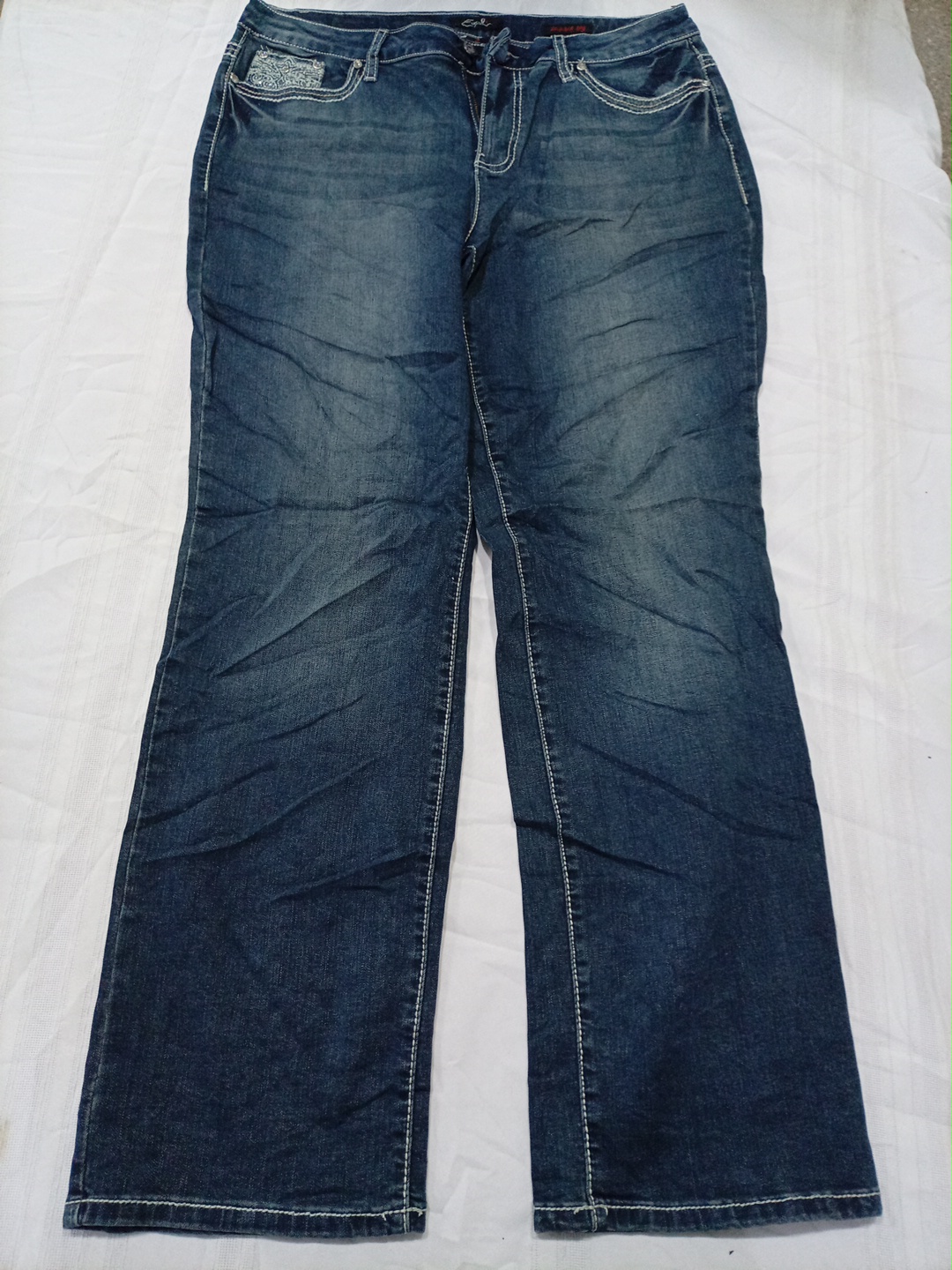 ENL Straight Leg Blue Denim Jeans with Pocket Embr..