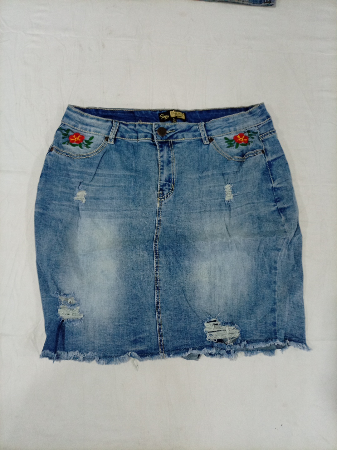 Suzanne Betts Distressed Denim Mini Skirt with Flo..