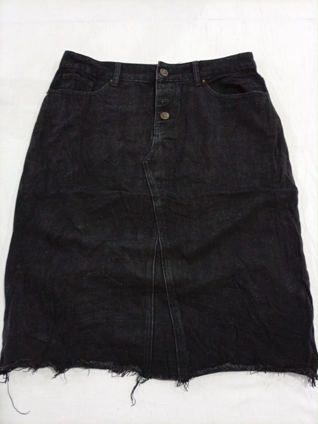 Black Distressed Denim Mini Skirt - Button Front w..