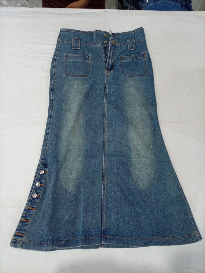 T&Y Flared Denim Maxi Skirt with Side Slit Buttons..