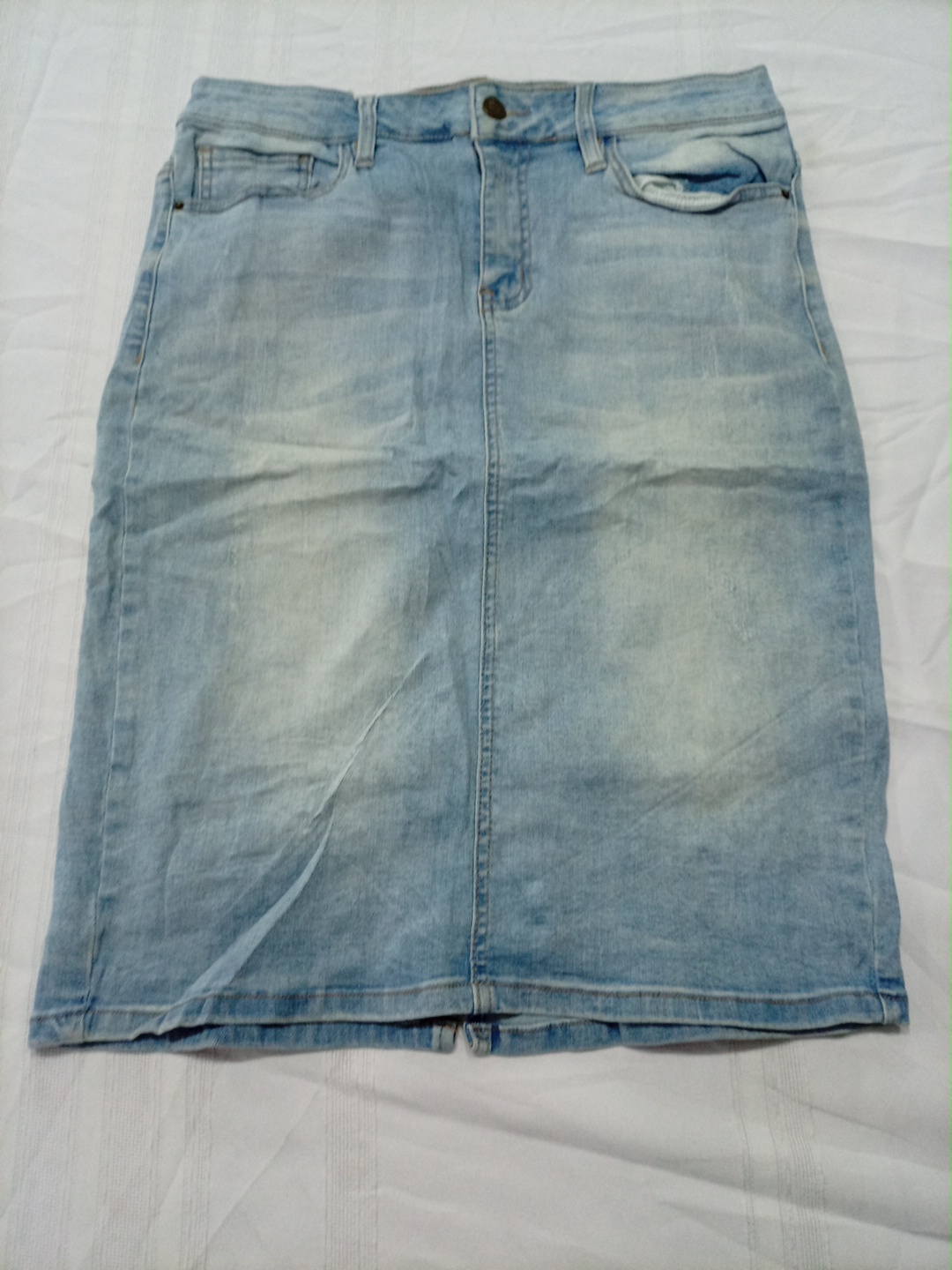 Light Wash Denim Mini Skirt with Pockets and Zip F..