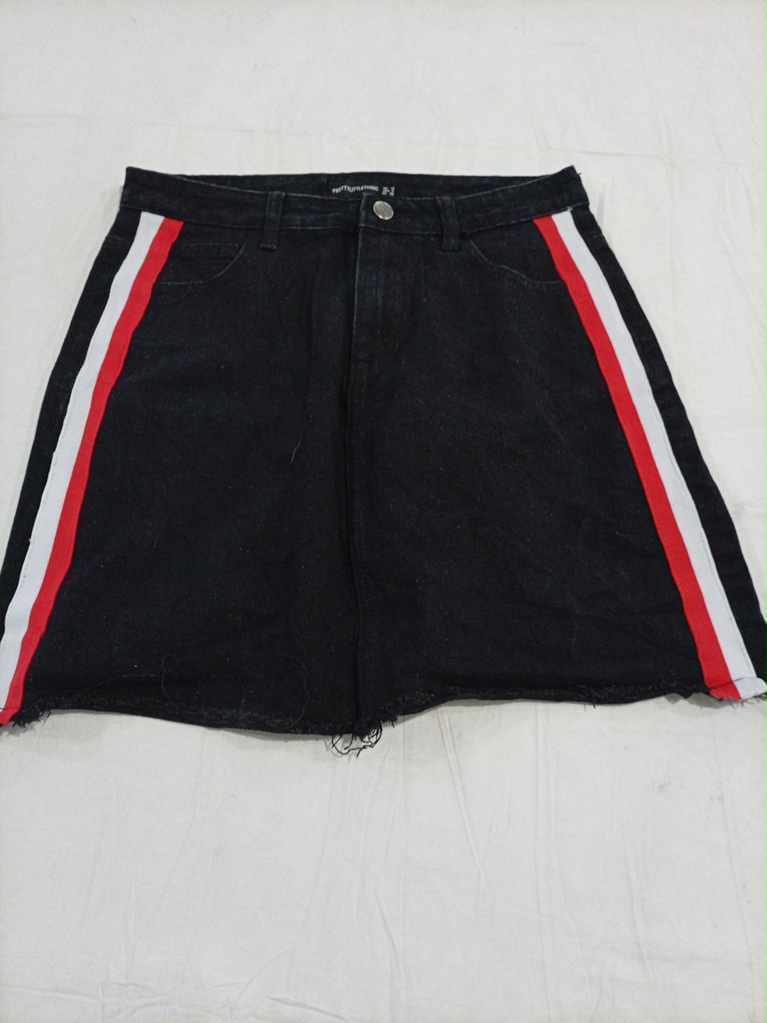 Black Denim Mini Skirt with White and Red Side Str..