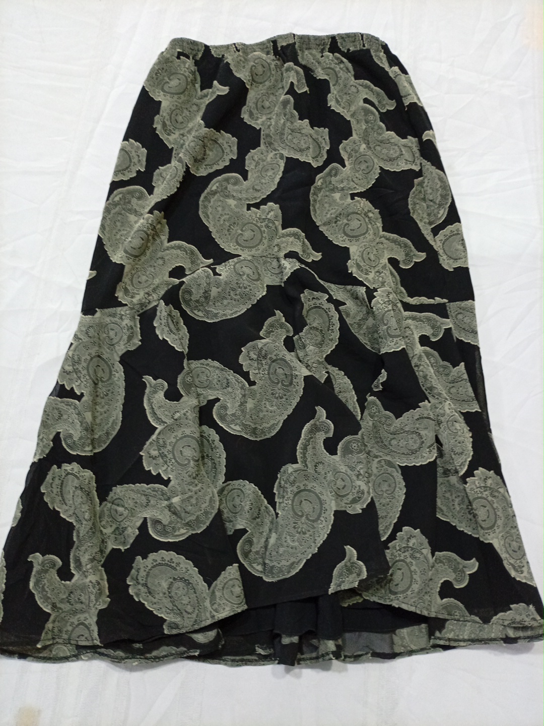 Black and Olive Paisley Print Flared Midi Skirt Si..