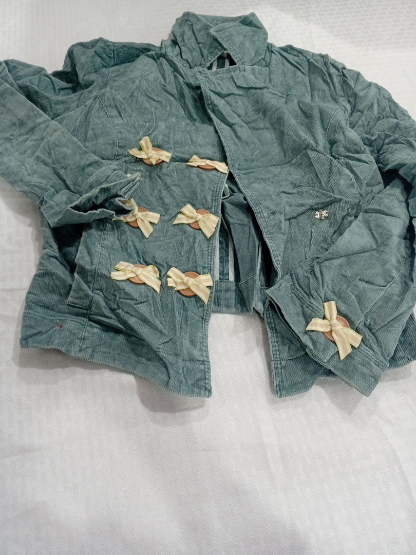 EleVen Teal Cotton Denim-Style Jacket with Bow Acc..