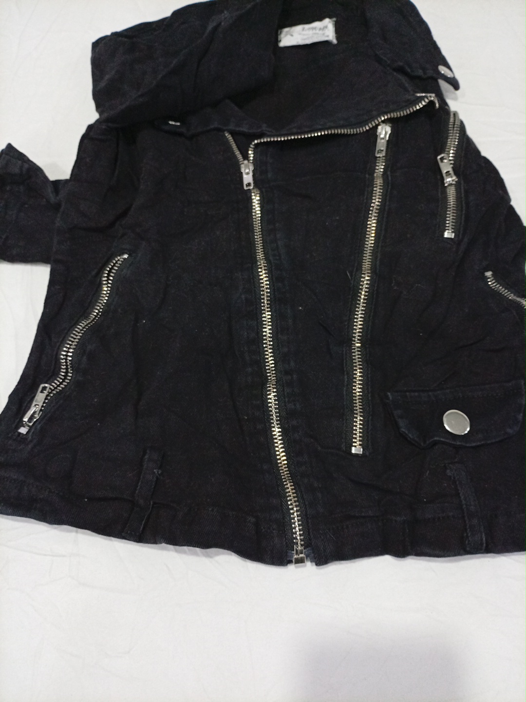 Black Hooded Denim Jacket with Multiple Zippers