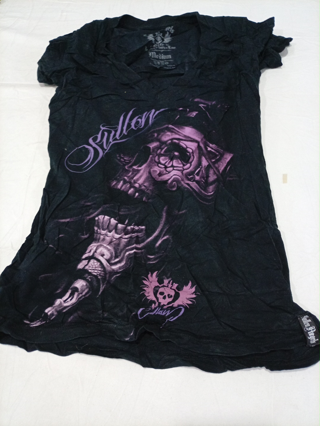 Black V-Neck Graphic Skull Print T-Shirt by Fallen..