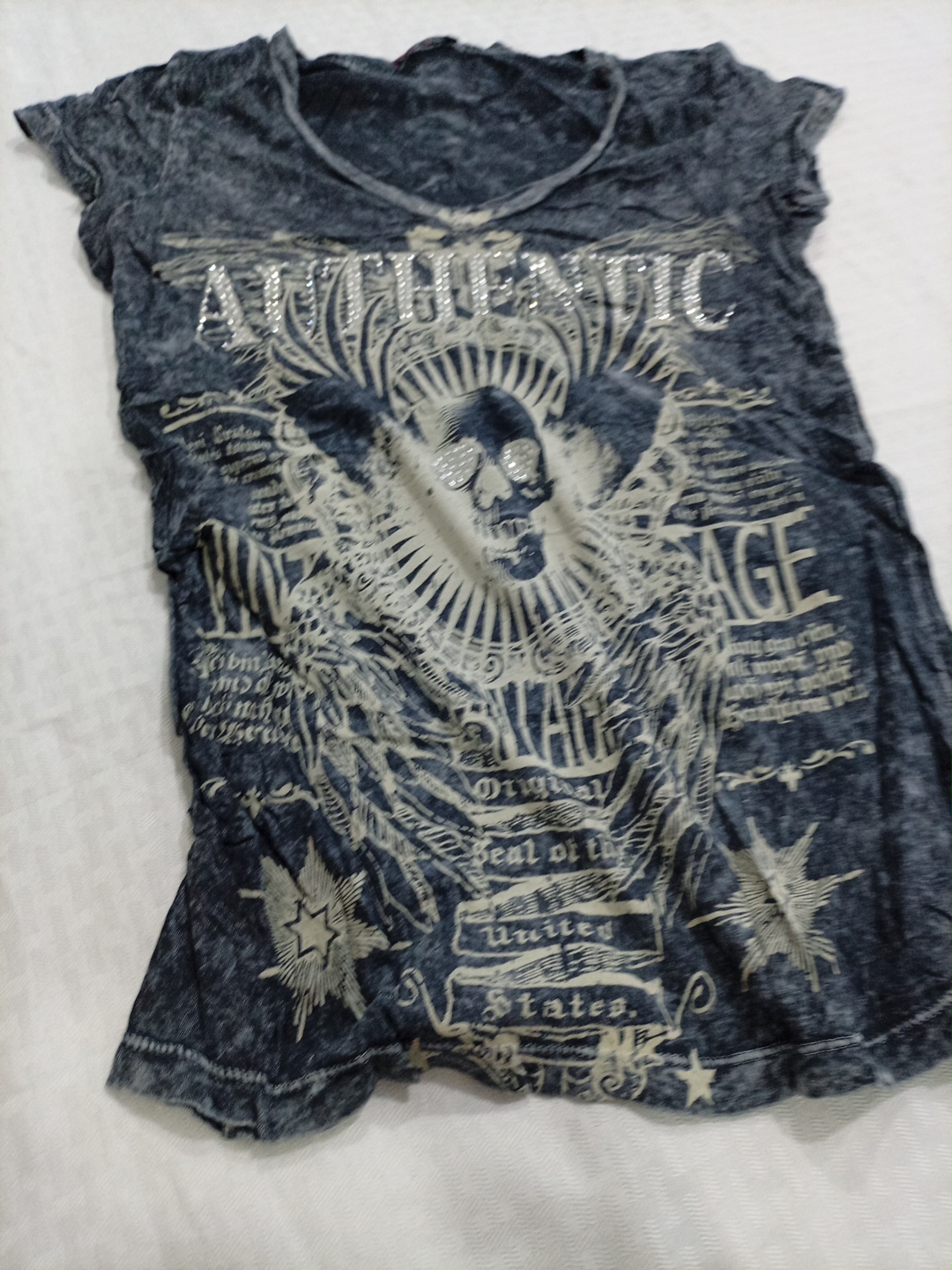 Distressed Black Graphic T-Shirt with Authentic Vi..